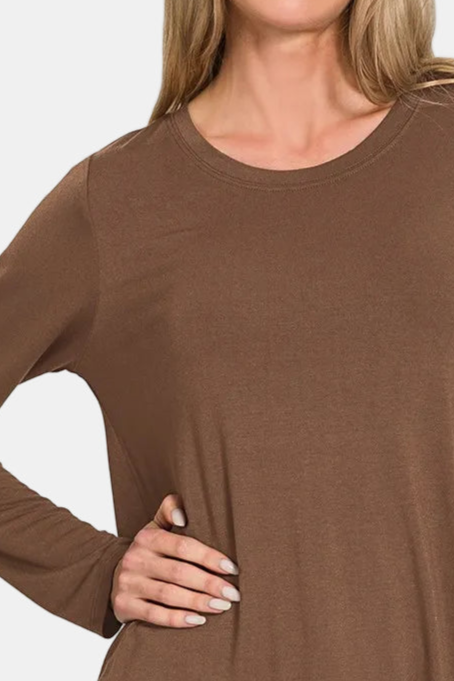 Flowy Round Hem Rayon Long Sleeve Top / BROWN