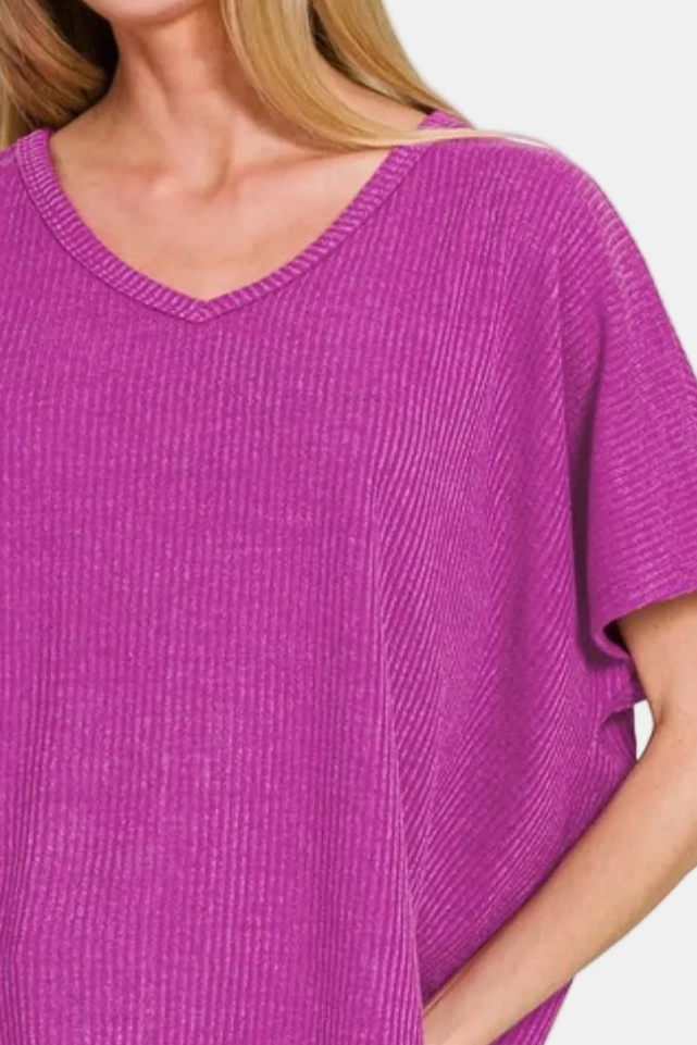 Ribbed V-Neck Short-Sleeve Sweater / LT PLUM