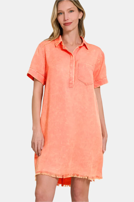 Tencel Mineral Washed Collared Shirt Dress / CORAL