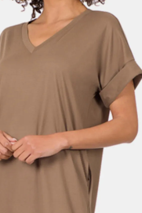 Brushed DTY Rolled Short Sleeve V-Neck Dress / MOCHA