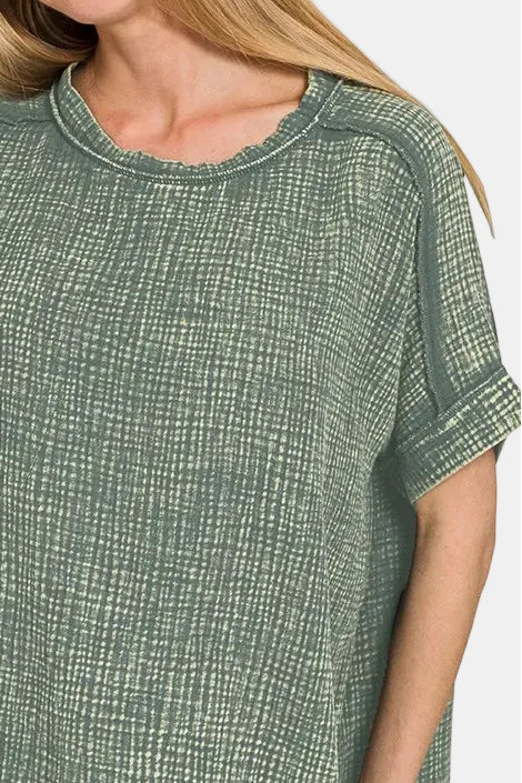 Acid Washed Double Gauze Round-Neck Cuffed Short Sleeve Tee / ASH JADE