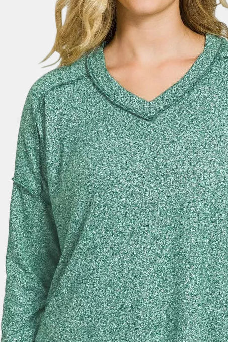 Soft Melange Hacci Exposed Seam V-Neck Hi-Low Tee / HUNTER GREEN