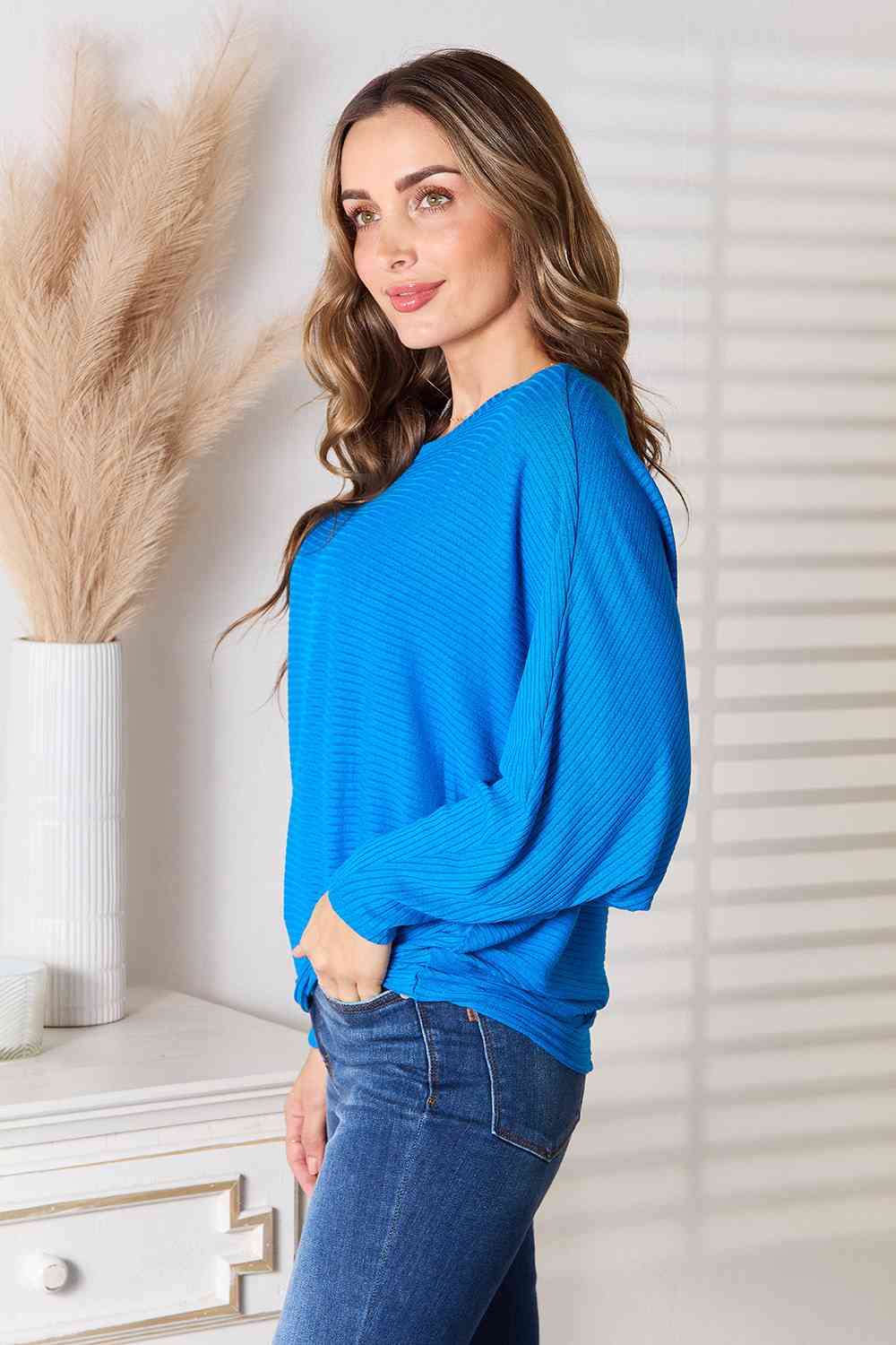 Ribbed Batwing Long Sleeve Boat Neck Sweater / OCEAN BLUE