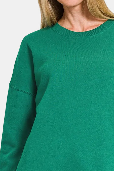 Fleece Hi-Low Boyfriend Sweatshirt with Pockets / FOREST