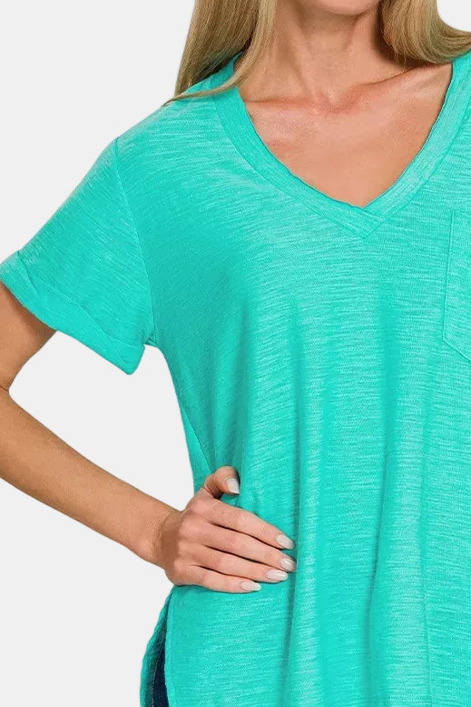 Slub Rolled Short Sleeve V-Neck Tee / TURQUOISE