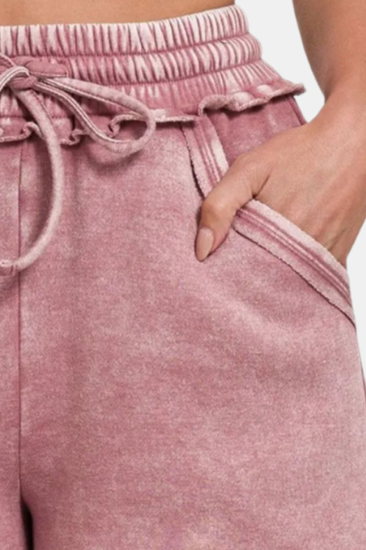 Acid Wash Fleece Drawstring Shorts With Pockets / LT ROSE