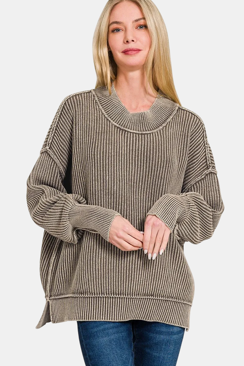 Washed Side Slit Oversized Sweater / MOCHA