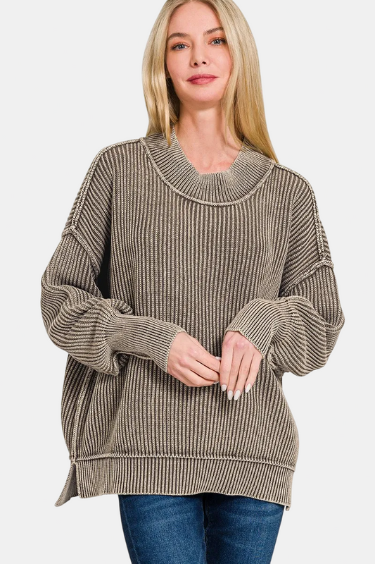 Washed Side Slit Oversized Sweater / MOCHA