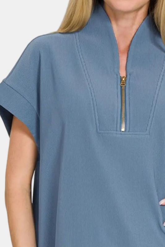 Ribbed High Neck Half Zip Top / DUSTY BLUE