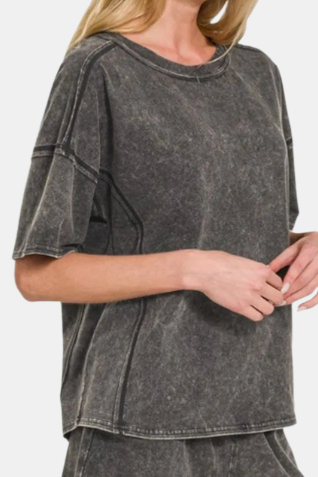 Acid Washed Short Sleeve Tee & Shorts Set / ASH BLACK