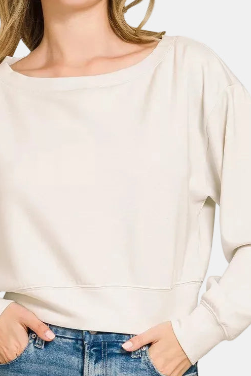 Scuba Cropped Boat Neck Pullover Sweatshirt / BONE
