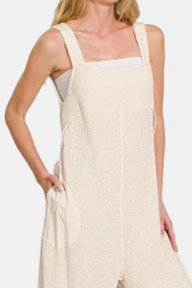Knit Waffle Wide Leg Overalls / SAND BEIGE