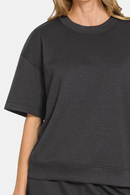 Scuba Round Neck Top & Dolphin Shorts Set / BLACK