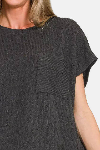 Raised Rib Front Pocket Boxy Top / BLACK