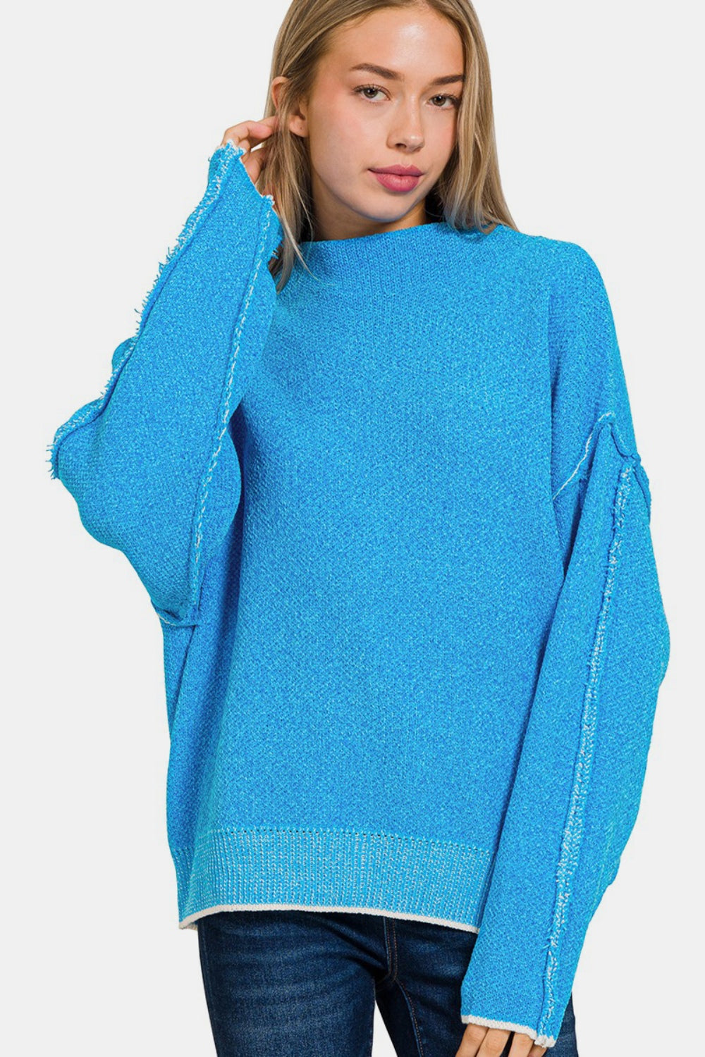 Oversized Mock Neck Raw Seam Chenille Sweater / DEEP SKY