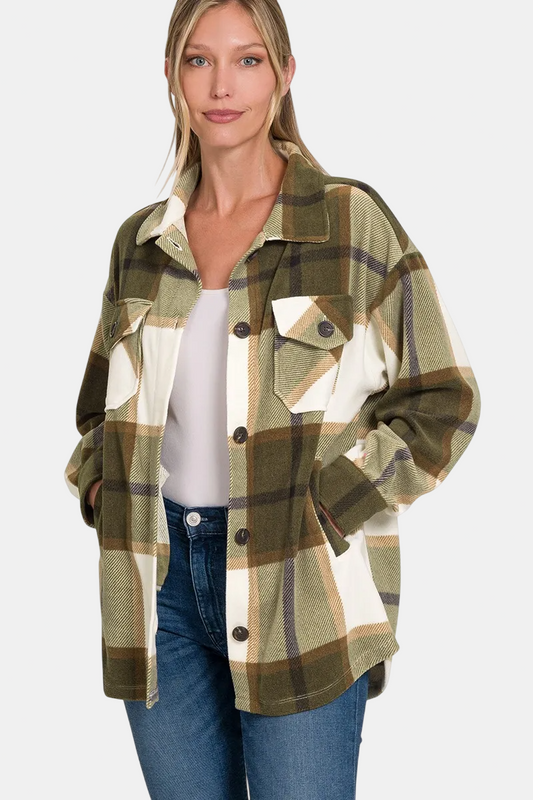 Oversized Plaid Fleece Shacket / OLIVE