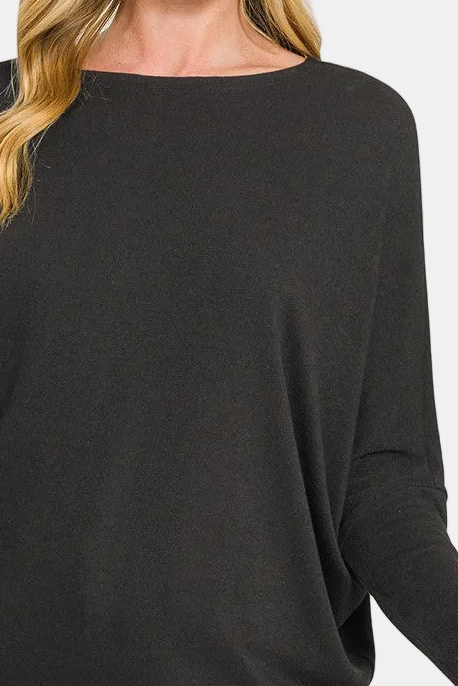 Hacci Dolman Long Sleeve Boat Neck Top / BLACK