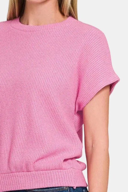 Round Neck Banded Botton Short Sleeve Sweater / CANDY PINK