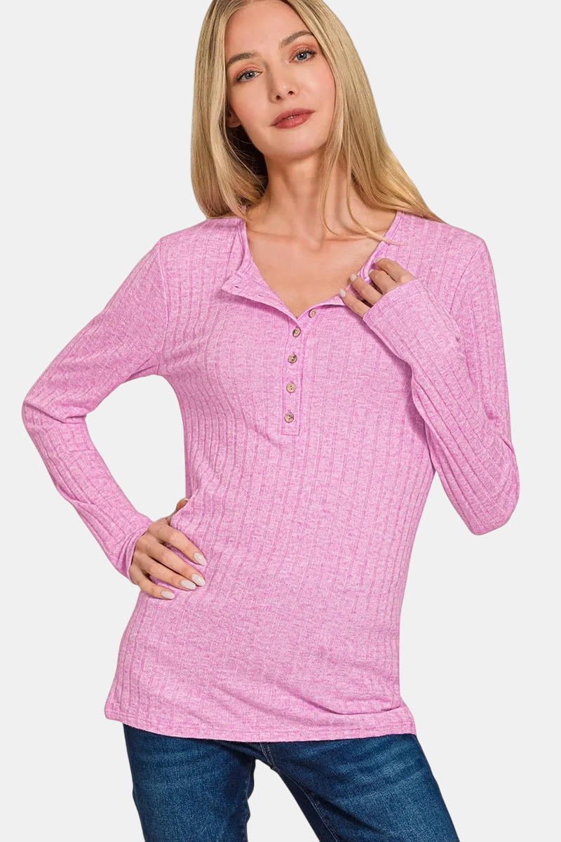 Ribbed Long Sleeve Button Down Top / MAUVE