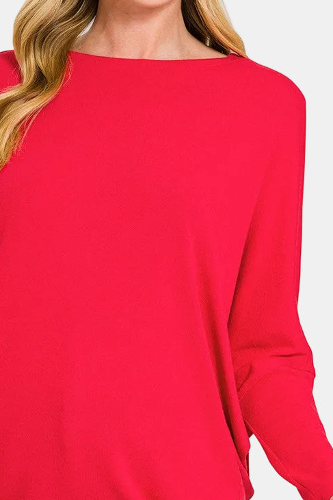Hacci Dolman Long Sleeve Boat Neck Top / RUBY