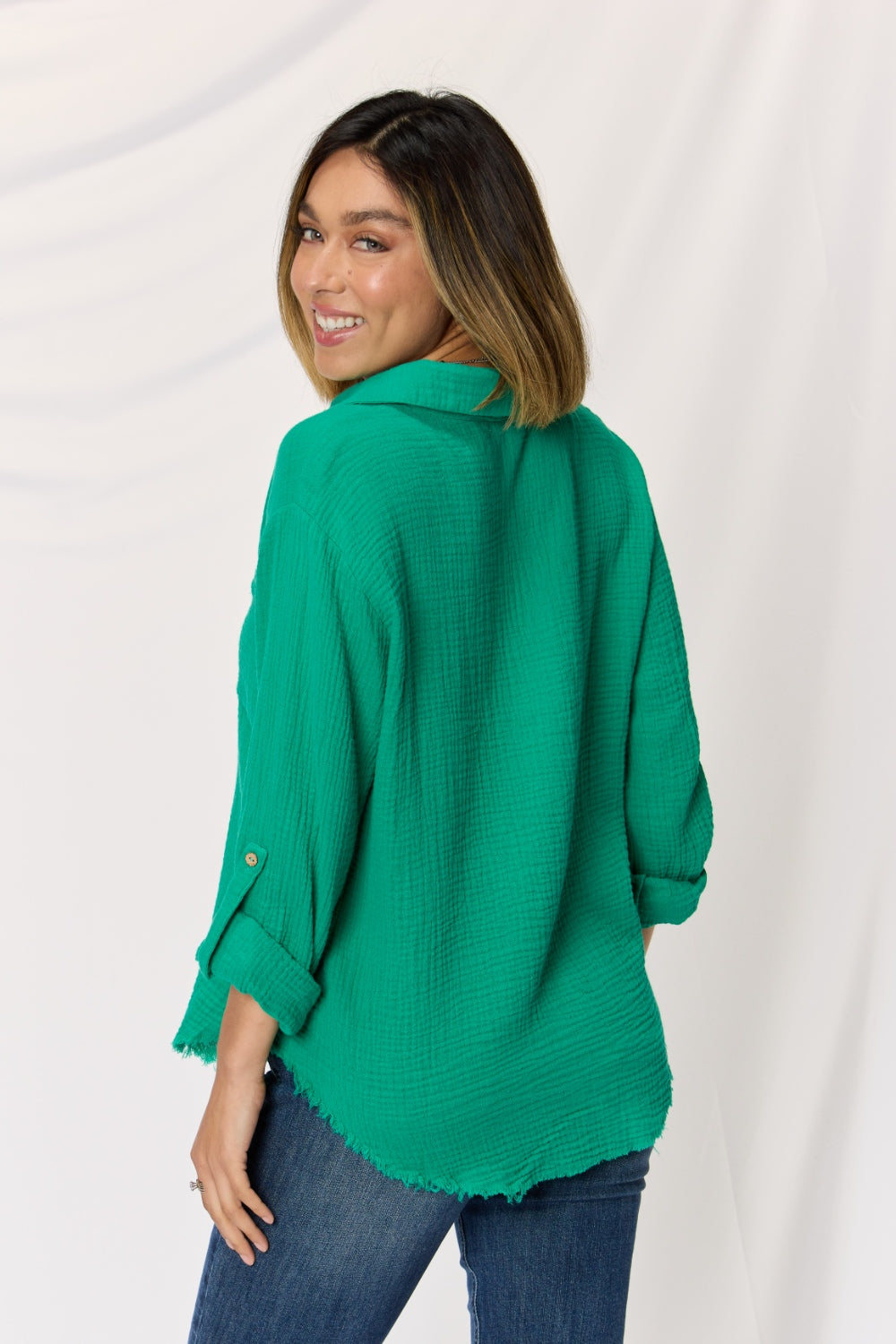 Double Gauze Button Down Roll-up Long Sleeve Shirt / K GREEN