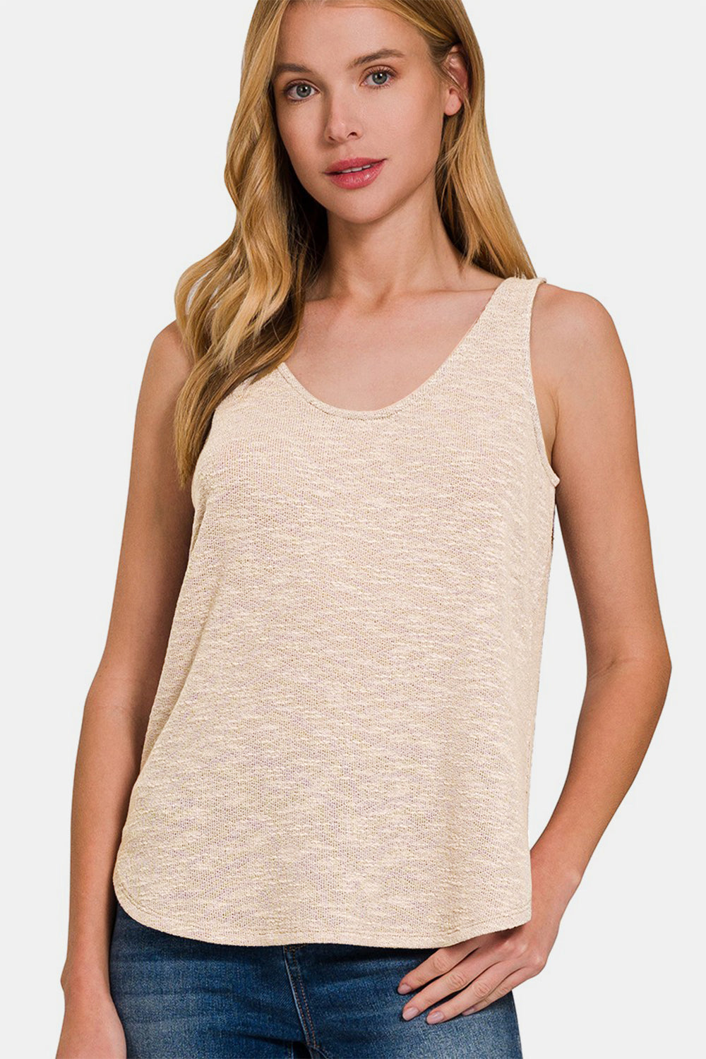 Sleeveless Double Scoop Neck Tank Top / SAND BEIGE