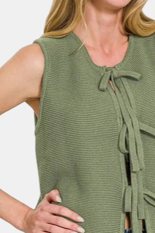 Tie Front Sweater Vest / LT OLIVE