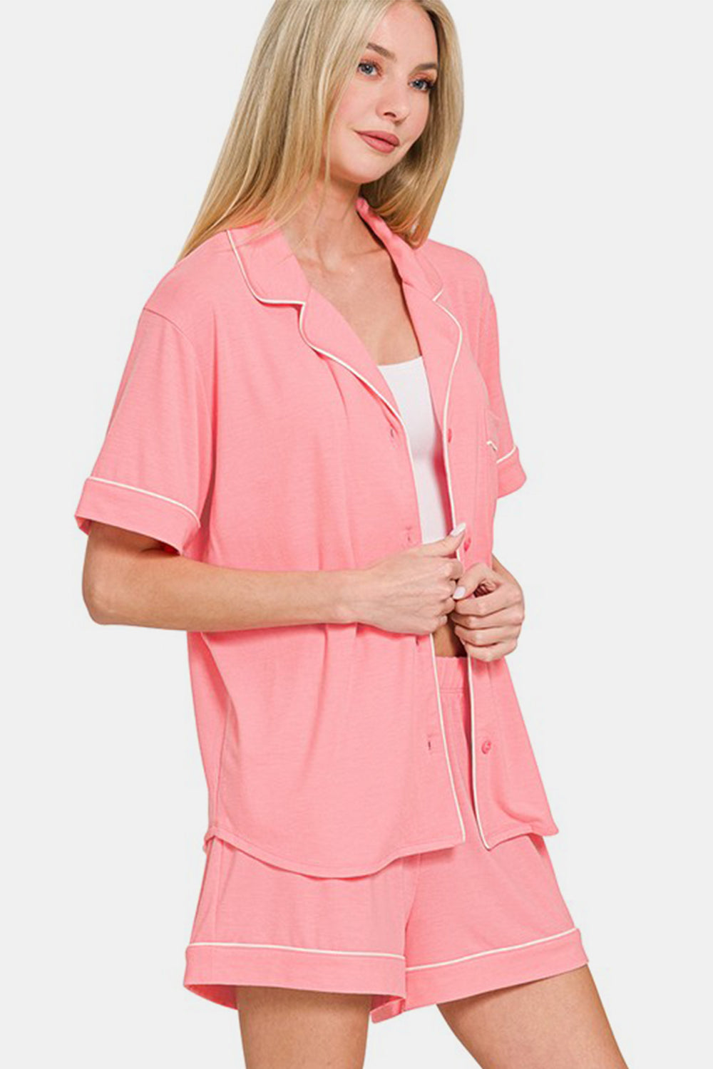 Short Sleeve Button Down Shirt & Shorts Set / DK PINK