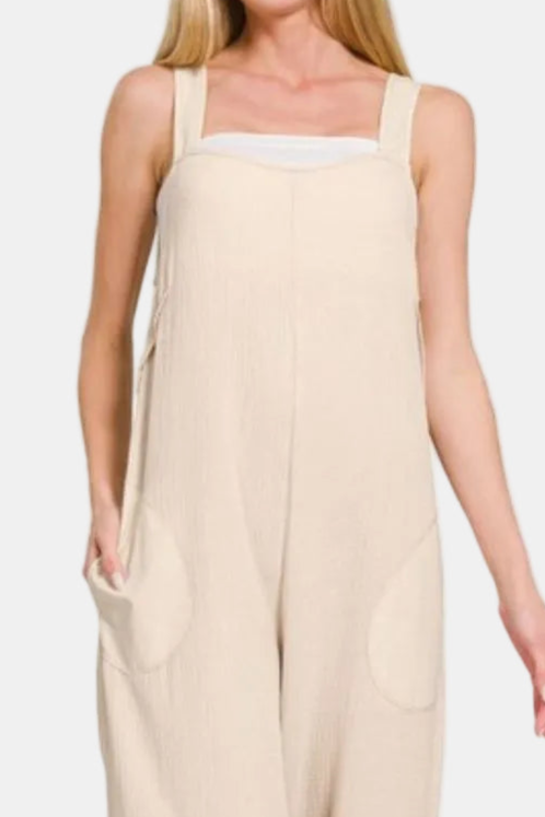 Double Gauze Washed Wide Leg Overalls / SAND BEIGE