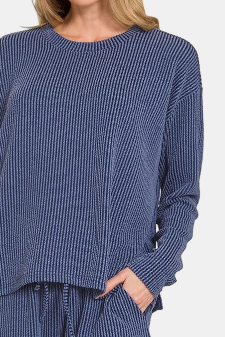 Raised Rib Long Sleeve Tee & Shorts Set / NAVY