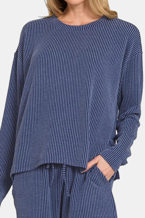 Raised Rib Long Sleeve Tee & Shorts Set / NAVY