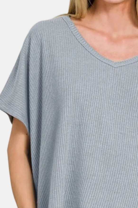 Ribbed V-Neck Short-Sleeve Sweater / BLUE GREY