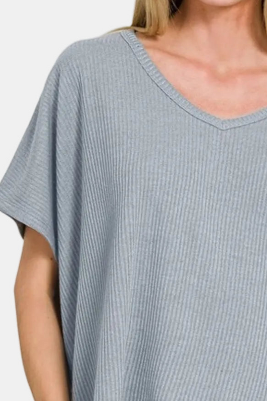 Ribbed V-Neck Short-Sleeve Sweater / BLUE GREY