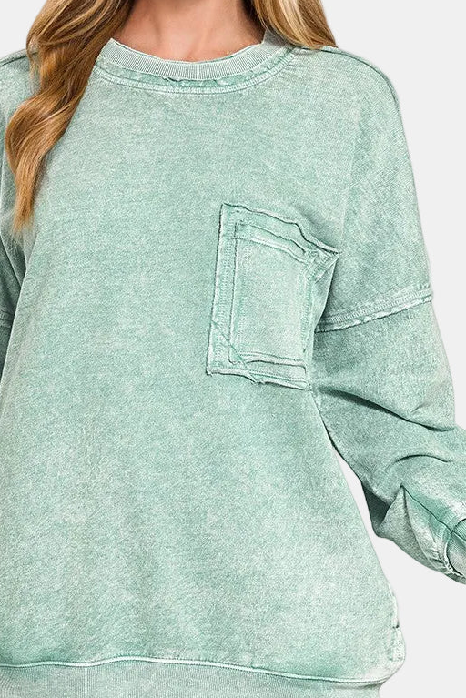 Halo Washed French Terry Exposed-Seam Sweatshirt / DK GREEN