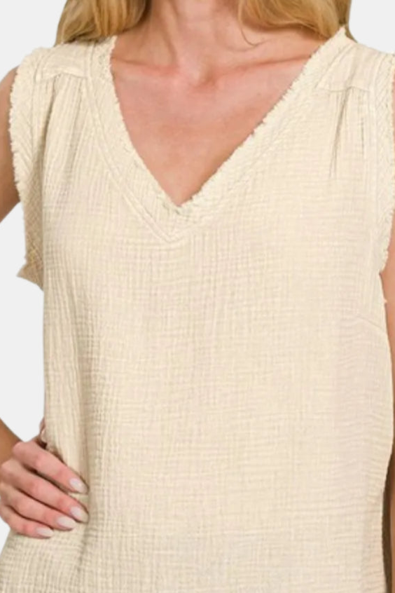 Double Gauze Raw Edge Acid Washed Tank Top / SAND BEIGE