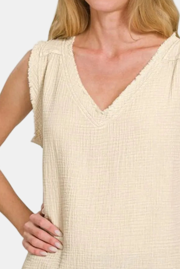 Double Gauze Raw Edge Acid Washed Tank Top / SAND BEIGE