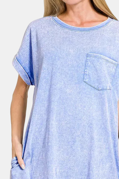 Premium Cotton Washed T-Shirt Dress / CORNFLOWER BLUE
