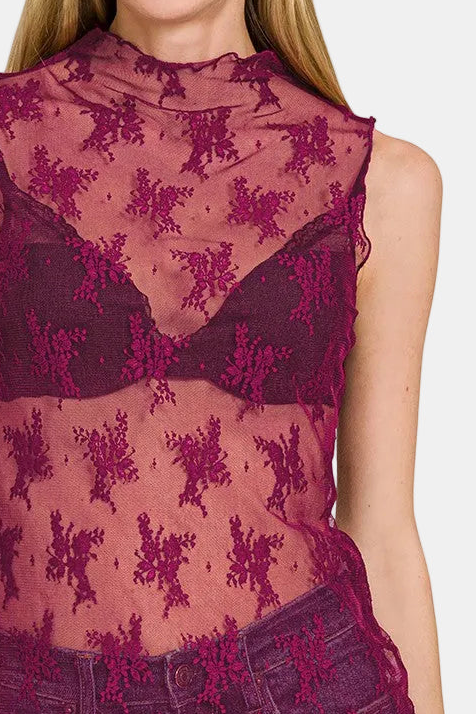 Lace Sheer Layering Sleeveless Top / CABERNET