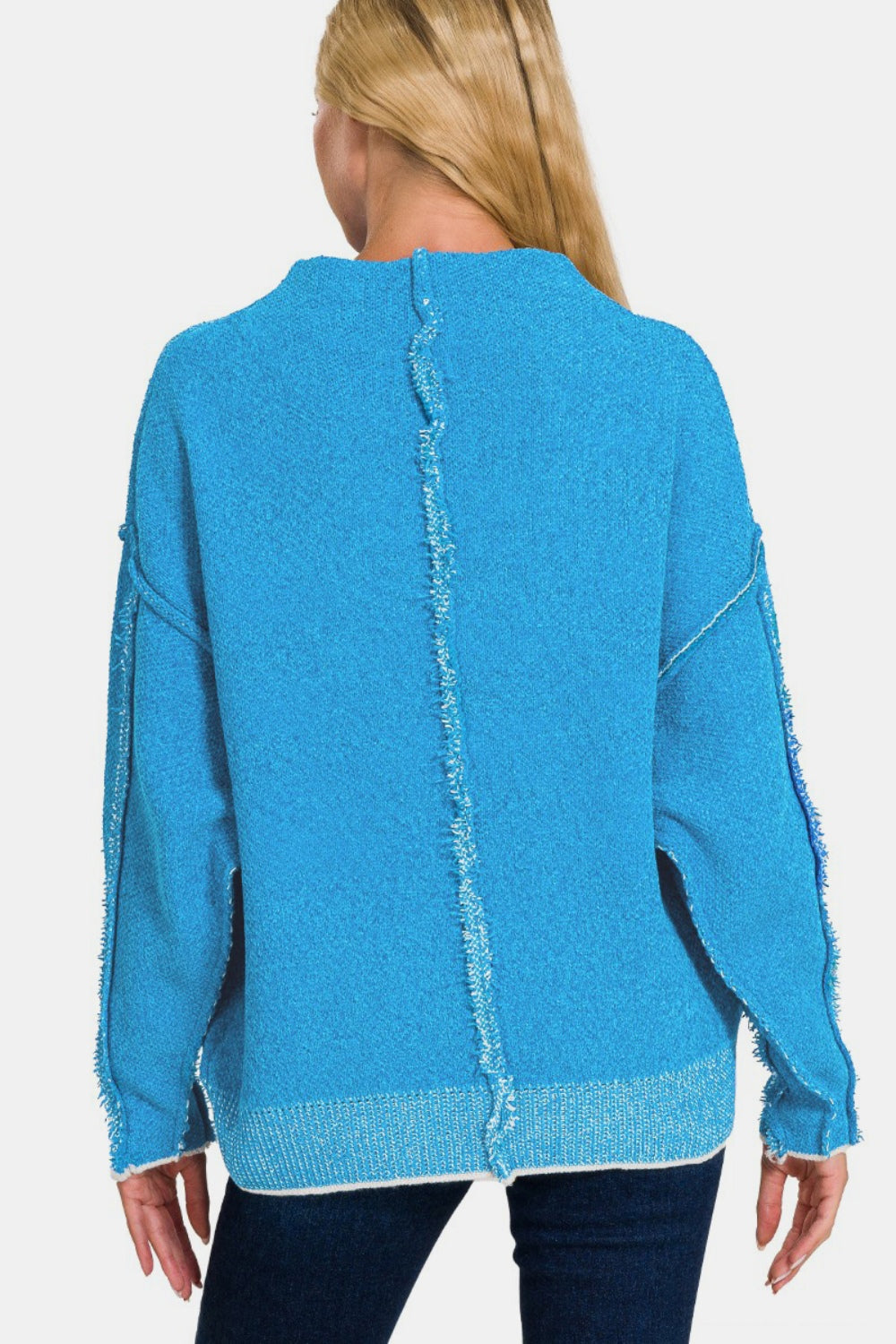 Oversized Mock Neck Raw Seam Chenille Sweater / DEEP SKY