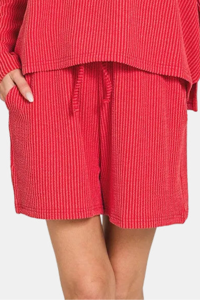 Raised Rib Long Sleeve Tee & Shorts Set / RUBY