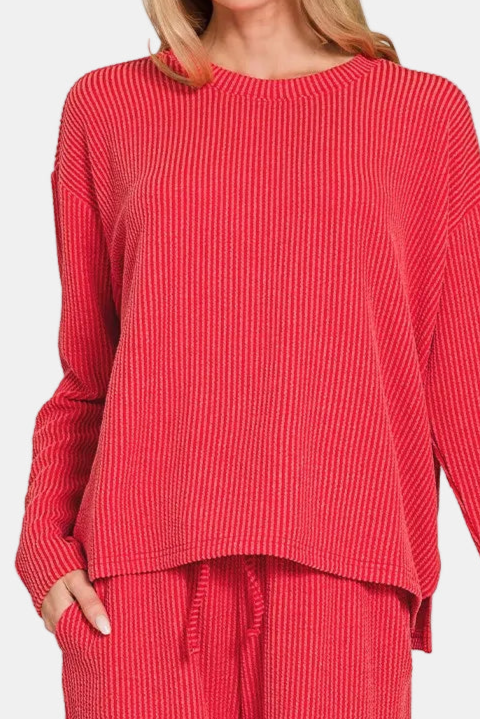 Raised Rib Long Sleeve Tee & Shorts Set / RUBY