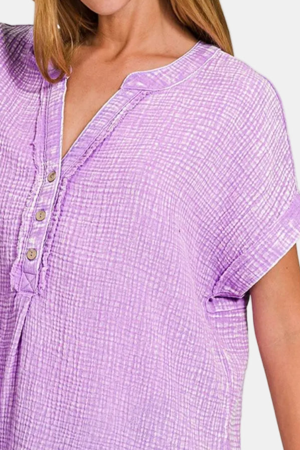 Washed Double Gauze 3/4 Button Henley Neck Shirt / B LAVENDER