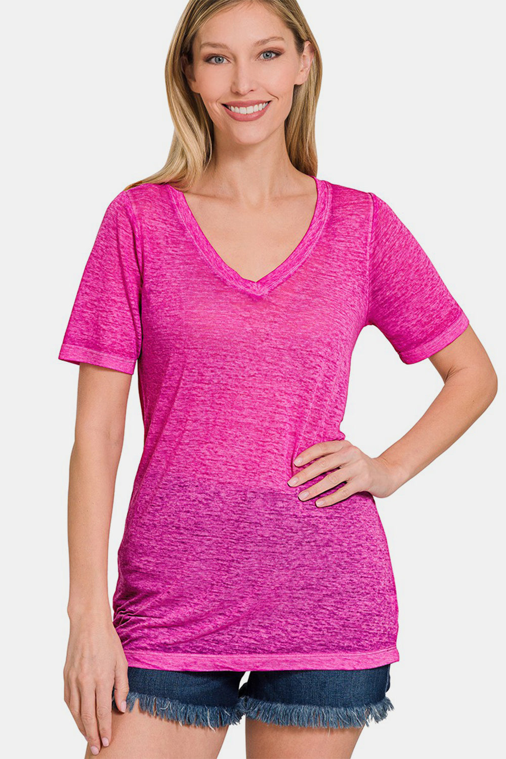 Melange Burnout Short Sleeve V Neck Top / HOT PINK
