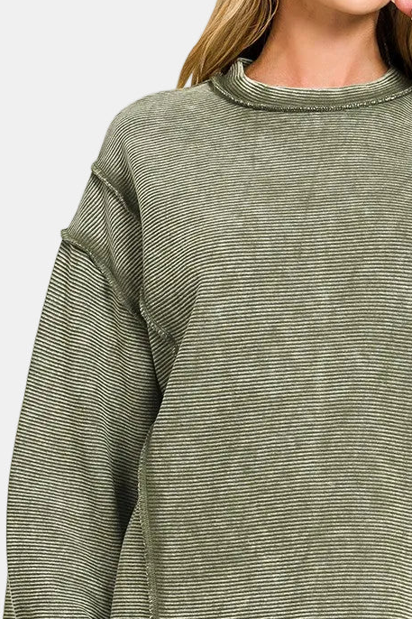Acid Washed Double Ribbed Exposed-Seam Pullover / DK OLIVE