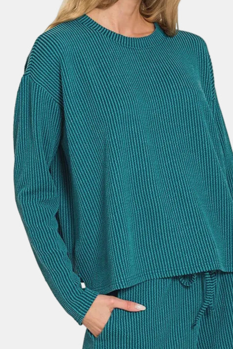 Raised Rib Long Sleeve Tee & Shorts Set / TEAL