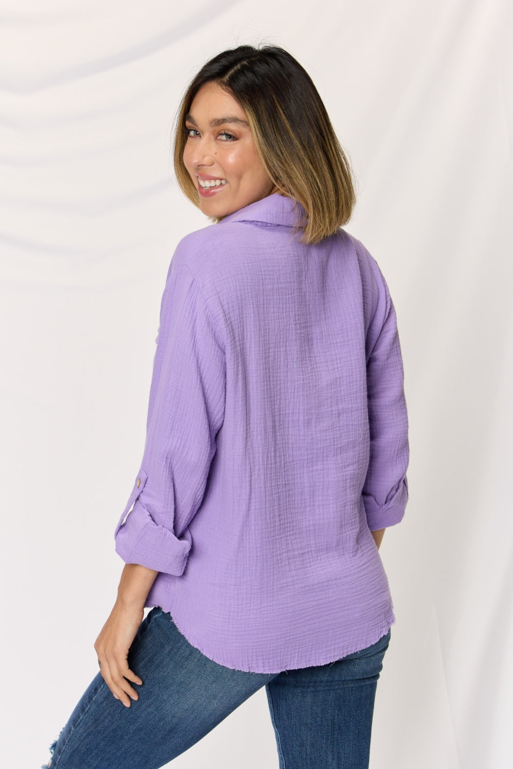 Double Gauze Button Down Roll-up Long Sleeve Shirt / LAVENDER