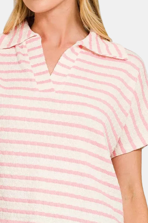 Striped Split Neck Collared Top / PINK
