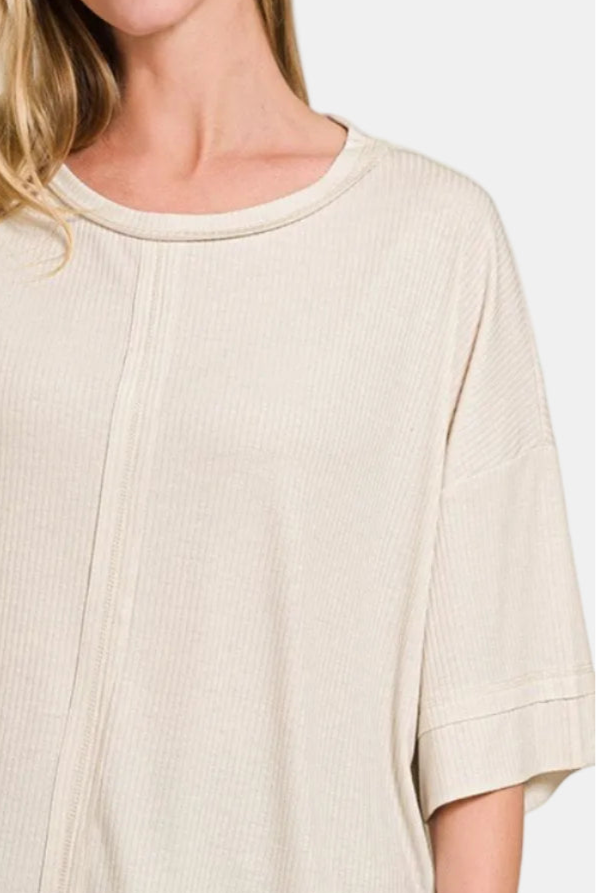 Ribbed Boat Neck 3/4 Sleeve Top / SAND BEIGE