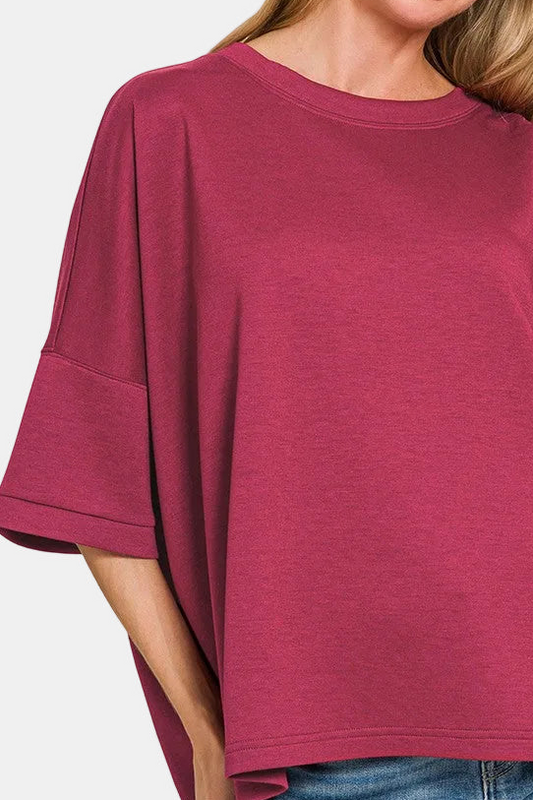 Scuba Round Neck Top With Side Slits / CABERNET