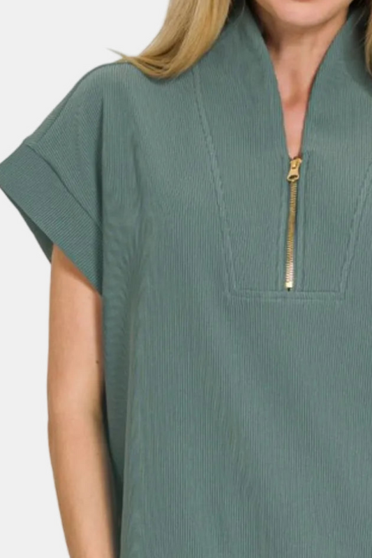 Ribbed High Neck Half Zip Top / ASH JADE